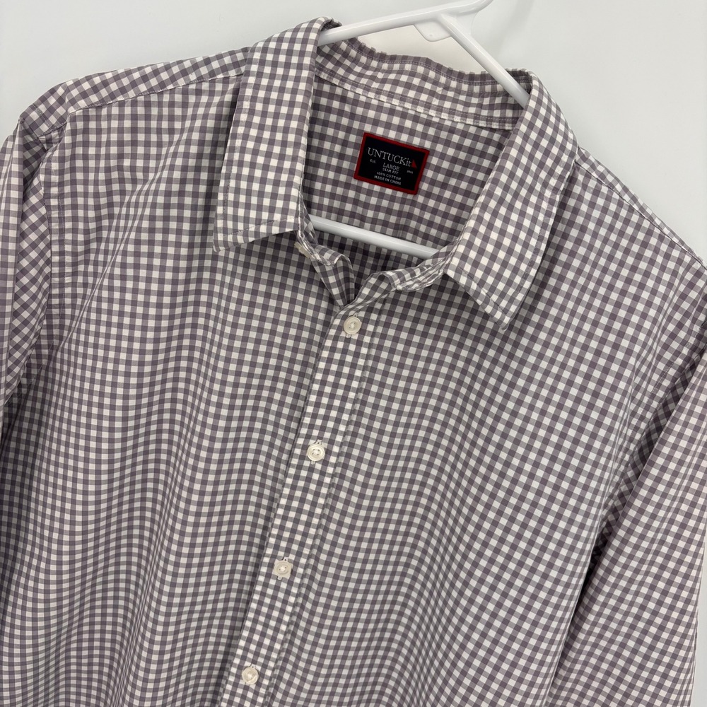 UNTUCKit Button Down Mens L Grey Purple Gingham Excellent Slim Fit Long Sleeve
